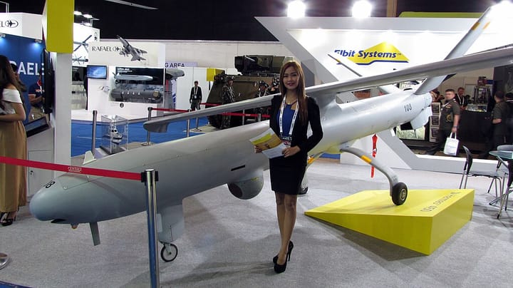 An Elbit Systems drone, a key link in the Israeli kill-chain, on display at a trade show in Manila.